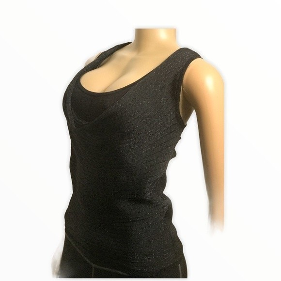 90s Cache Cow Neck Tank Black Layered Ribbed Knit Shimmer Size M - Picture 9 of 16